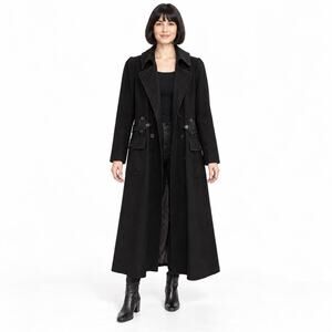 Rocha John Rocha Black Long Wool Coat Sz Medium Double Breasted Military Peacoat